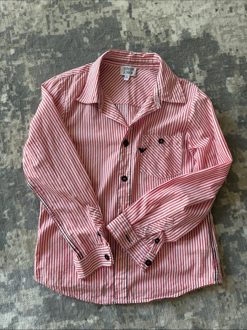 Boy’s Armani Junior Red & White Vertical Stripe Button-Down Shirt, Size 6